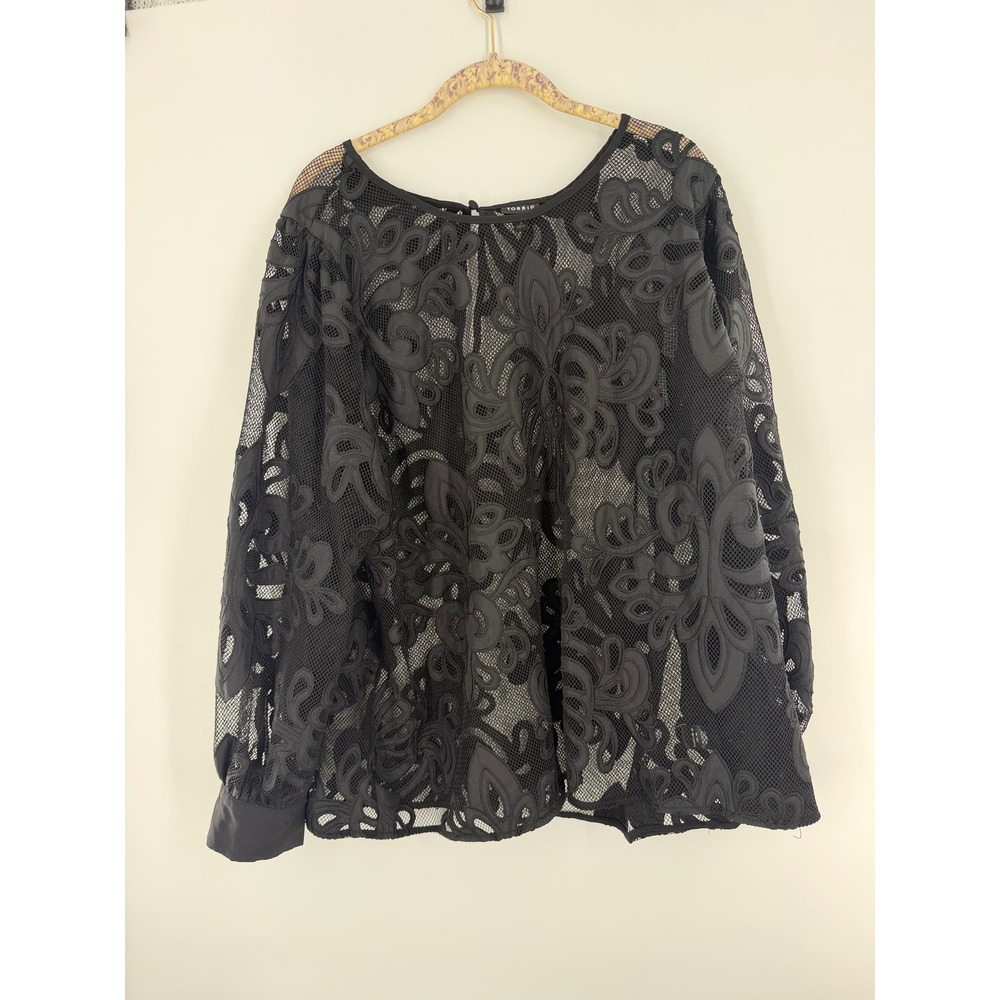 Torrid Black Sheer Mesh Embroidered Floral Long Sleeve Blouse Top Plus Size 3